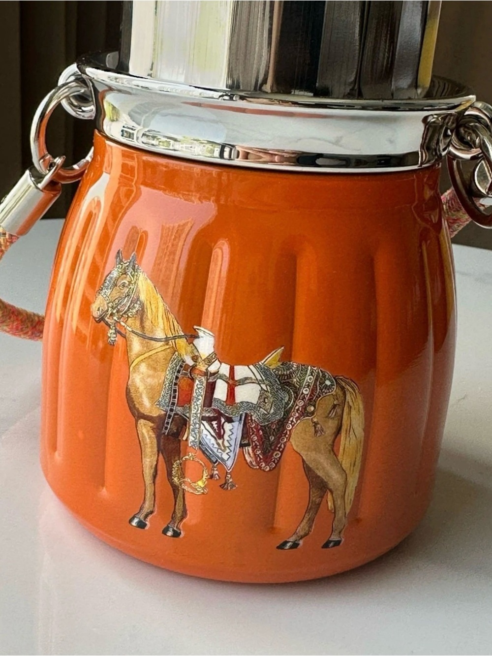 Hermes Orange Horse-Print Decorative flask with Metallic Lid - Picture 5 of 9